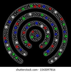 Bright mesh airdrop source with glare effect. White wire carcass polygonal network in vector format on a black background. Abstract 2d mesh designed with polygonal grid, dots, colored glare spots.