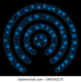 Bright mesh airdrop source with lightspot effect. Shiny wire carcass polygonal mesh in vector format on a black background. Abstract 2d mesh designed with triangular lines, round dots,