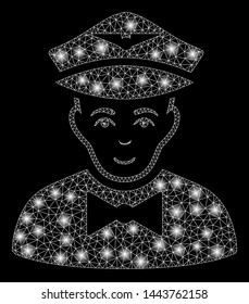 Bright mesh airline steward with glow effect. Shiny wire frame triangular network in vector format on a black background. Abstract 2d mesh designed with triangular lines, dots, glowing flare spots.