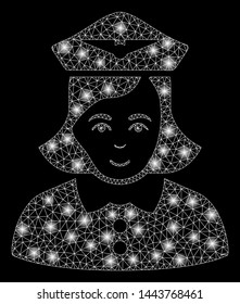 Bright mesh airline stewardess with glare effect. Shiny wire frame polygonal mesh in vector format on a black background. Abstract 2d mesh designed with polygonal grid, points, glowing flare spots.