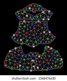 Bright mesh airline stewardess with glow effect. White wire carcass triangular mesh in vector format on a black background. Abstract 2d mesh designed with triangular lines, dots, colored glare spots.