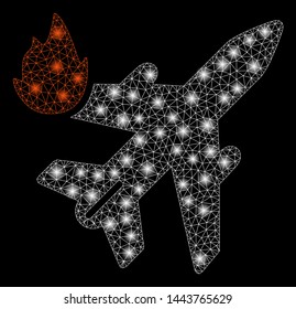 Bright mesh airliner fire with glow effect. Shiny wire carcass triangular mesh in vector format on a black background. Abstract 2d mesh designed with triangular lines, small circle,