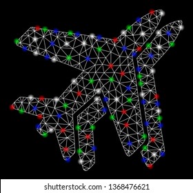 Bright mesh airlines with glare effect. White wire carcass polygonal mesh in vector format on a black background. Abstract 2d mesh created from polygonal grid, spheric points, colorful glare spots.