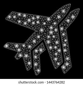Bright mesh airlines with glow effect. Shiny wire frame polygonal mesh in vector format on a black background. Abstract 2d mesh designed with polygonal grid, round dots, glossy light spots.