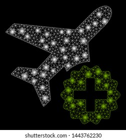 Bright mesh airplane addition with glare effect. Shiny wire frame triangular mesh in vector format on a black background. Abstract 2d mesh designed with triangles, spheric points, glowing flare spots.