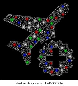 Bright mesh airplane addition with glow effect. White wire carcass triangular mesh in vector format on a black background. Abstract 2d mesh designed with triangular lines, round dots,
