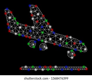 Bright mesh airplane arrival with lightspot effect. White wire frame polygonal mesh in vector format on a black background. Abstract 2d mesh created from polygonal grid, spheric points,