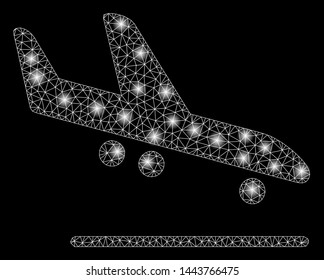 Bright mesh airplane arrival with lightspot effect. Shiny wire frame triangular mesh in vector format on a black background. Abstract 2d mesh designed with triangular lines, small circle,