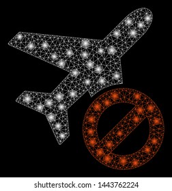 Bright mesh airplane closed with glare effect. Shiny wire frame triangular network in vector format on a black background. Abstract 2d mesh designed with polygonal grid, small circle,