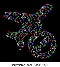 Bright mesh airplane closed with lightspot effect. White wire carcass polygonal mesh in vector format on a black background. Abstract 2d mesh built from polygonal grid, spheric points,