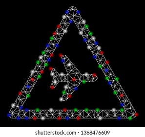 Bright mesh airplane danger with glare effect. White wire frame triangular mesh in vector format on a black background. Abstract 2d mesh created from triangular lines, spheric points,
