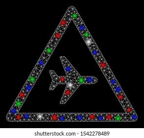 Bright mesh airplane danger with lightspot effect. White wire carcass polygonal mesh in vector format on a black background. Abstract 2d mesh designed with polygonal grid, small circle,
