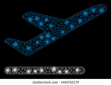 Bright mesh airplane departure with glare effect. Shiny wire frame polygonal mesh in vector format on a black background. Abstract 2d mesh designed with polygonal grid, small circle,