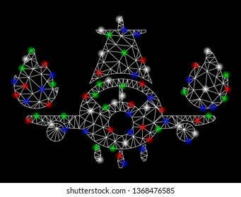 Bright mesh airplane engines burn with glow effect. White wire frame triangular mesh in vector format on a black background. Abstract 2d mesh created from triangular lines, round dots,