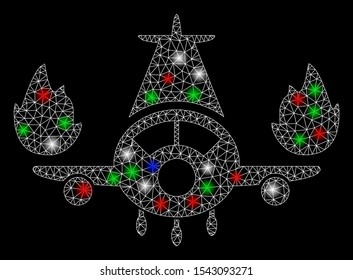 Bright mesh airplane engines burn with glare effect. White wire frame triangular mesh in vector format on a black background. Abstract 2d mesh created from triangular lines, points,
