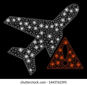 Bright mesh airplane error with lightspot effect. Shiny wire carcass polygonal mesh in vector format on a black background. Abstract 2d mesh designed with polygonal grid, spheric points,