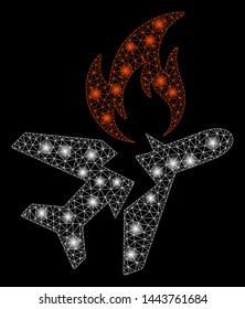 Bright mesh airplane fire crash with lightspot effect. Shiny wire frame polygonal mesh in vector format on a black background. Abstract 2d mesh designed with polygonal grid, round dots,