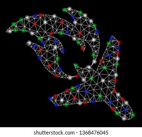 Bright mesh airplane fire disaster with glare effect. White wire frame triangular mesh in vector format on a black background. Abstract 2d mesh designed with triangles, spheric points,
