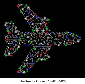 Bright mesh airplane with glare effect. White wire carcass triangular mesh in vector format on a black background. Abstract 2d mesh created from triangular lines, small circle, colorful glare spots.