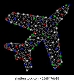 Bright mesh airplane with glare effect. White wire frame polygonal mesh in vector format on a black background. Abstract 2d mesh created from polygonal grid, spheric points, colored glare spots.