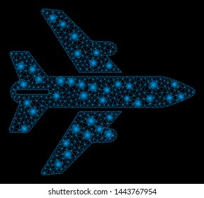 Bright mesh airplane with glare effect. Shiny wire frame triangular mesh in vector format on a black background. Abstract 2d mesh built from triangular lines, round dots, glossy flash spots.