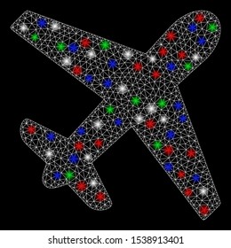 Bright mesh airplane with glow effect. White wire frame polygonal mesh in vector format on a black background. Abstract 2d mesh designed with triangular lines, round dots, colorful flare spots.