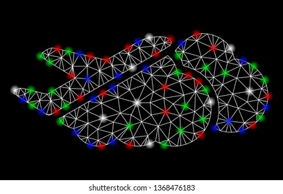 Bright mesh airplane over clouds with glow effect. White wire carcass polygonal mesh in vector format on a black background. Abstract 2d mesh built from polygonal grid, spheric points,