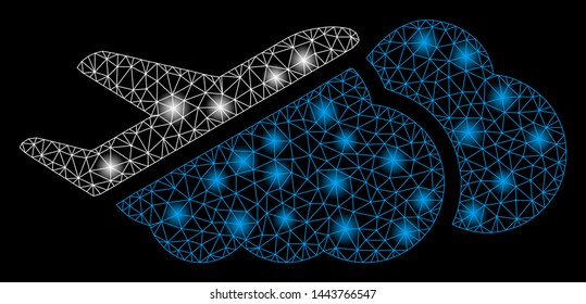 Bright mesh airplane over clouds with glow effect. Shiny wire frame triangular mesh in vector format on a black background. Abstract 2d mesh designed with triangular lines, dots, glossy flash spots.