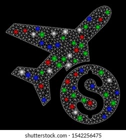 Bright mesh airplane price with glow effect. White wire carcass polygonal mesh in vector format on a black background. Abstract 2d mesh designed with triangular lines, dots, colorful light spots.