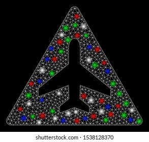 Bright mesh airplane problem with glare effect. White wire carcass polygonal network in vector format on a black background. Abstract 2d mesh designed with polygonal grid, dots, colorful light spots.