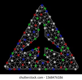 Bright mesh airplane problem with glow effect. White wire carcass triangular mesh in vector format on a black background. Abstract 2d mesh built from triangles, spheric points, colorful flash spots.