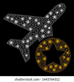 Bright mesh airplane rating with glare effect. Shiny wire carcass triangular mesh in vector format on a black background. Abstract 2d mesh created from triangular lines, dots, glossy glare spots.