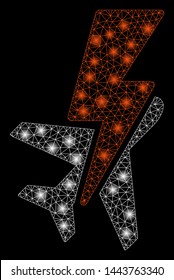 Bright mesh airplane shock with glare effect. Shiny wire frame polygonal mesh in vector format on a black background. Abstract 2d mesh designed with polygonal grid, dots, glossy flash spots.