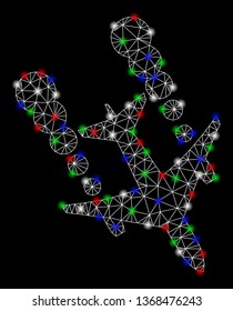 Bright mesh airplane smoke trace with lightspot effect. White wire carcass triangular network in vector format on a black background. Abstract 2d mesh designed with triangular lines, small circle,