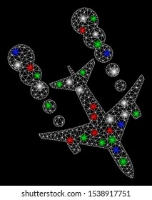 Bright mesh airplane smoke trace with glare effect. White wire frame polygonal network in vector format on a black background. Abstract 2d mesh designed with triangular lines, small circle,