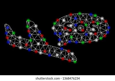 Bright mesh airplane sos message with glare effect. White wire frame polygonal mesh in vector format on a black background. Abstract 2d mesh designed with triangles, small circle,