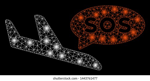 Bright mesh airplane sos message with glare effect. Shiny wire frame polygonal mesh in vector format on a black background. Abstract 2d mesh designed with triangles, points, glossy glare spots.