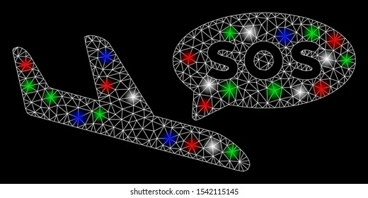 Bright mesh airplane sos message with glare effect. White wire frame triangular mesh in vector format on a black background. Abstract 2d mesh designed with triangular lines, small circle,