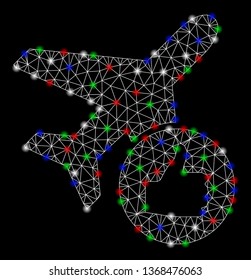 Bright mesh airplane valid with glow effect. White wire frame polygonal mesh in vector format on a black background. Abstract 2d mesh designed with polygonal grid, spheric points,
