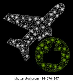 Bright mesh airplane valid with glow effect. Shiny wire carcass polygonal mesh in vector format on a black background. Abstract 2d mesh designed with triangular lines, small circle,