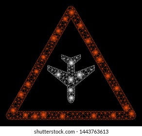 Bright mesh airplane warning with lightspot effect. Shiny wire frame triangular mesh in vector format on a black background. Abstract 2d mesh designed with triangular lines, points,