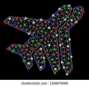 Bright mesh airplanes with glare effect. White wire carcass triangular mesh in vector format on a black background. Abstract 2d mesh designed with triangles, round dots, colorful glare spots.