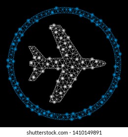 Bright mesh airport with glare effect. Shiny wire frame polygonal network in vector format on a black background. Abstract 2d mesh designed with triangular lines, round dots, glossy glare spots.