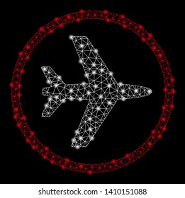 Bright mesh airport with lightspot effect. Shiny wire frame polygonal mesh in vector format on a black background. Abstract 2d mesh designed with polygonal grid, small circle, glossy glare spots.