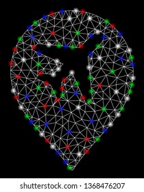 Bright mesh airport map marker with glow effect. White wire carcass polygonal mesh in vector format on a black background. Abstract 2d mesh designed with polygonal grid, points, colored light spots.