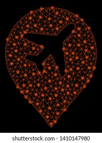 Bright mesh airport map marker with lightspot effect. Shiny wire carcass triangular mesh in vector format on a black background. Abstract 2d mesh designed with polygonal grid, spheric points,