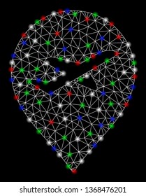 Bright mesh airport marker with glare effect. White wire carcass triangular network in vector format on a black background. Abstract 2d mesh designed with triangular lines, points,