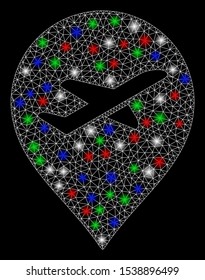 Bright mesh airport marker with glow effect. White wire carcass triangular mesh in vector format on a black background. Abstract 2d mesh built from triangular lines, points, colorful glare spots.