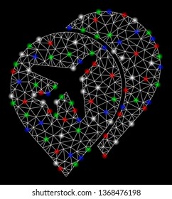 Bright mesh airport markers with lightspot effect. White wire frame triangular mesh in vector format on a black background. Abstract 2d mesh designed with triangular lines, dots, colorful glare spots.