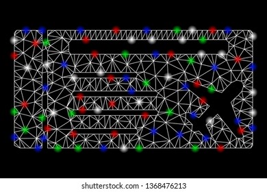 Bright mesh airticket with glow effect. White wire carcass polygonal mesh in vector format on a black background. Abstract 2d mesh designed with polygonal grid, spheric points, colored light spots.